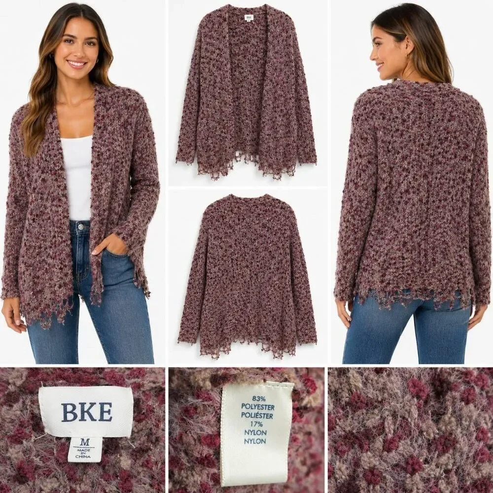 BKE Burgundy Open Knit Cardigan Women’s Medium Fringe Hem